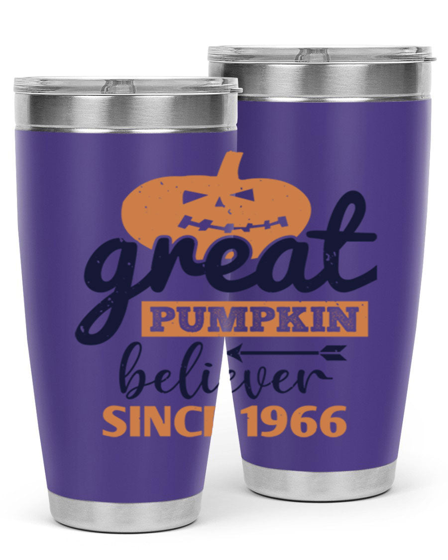 Great Pumpkin Believer Tumbler featuring a vibrant design, available in 20oz and 30oz sizes, made from stainless steel.