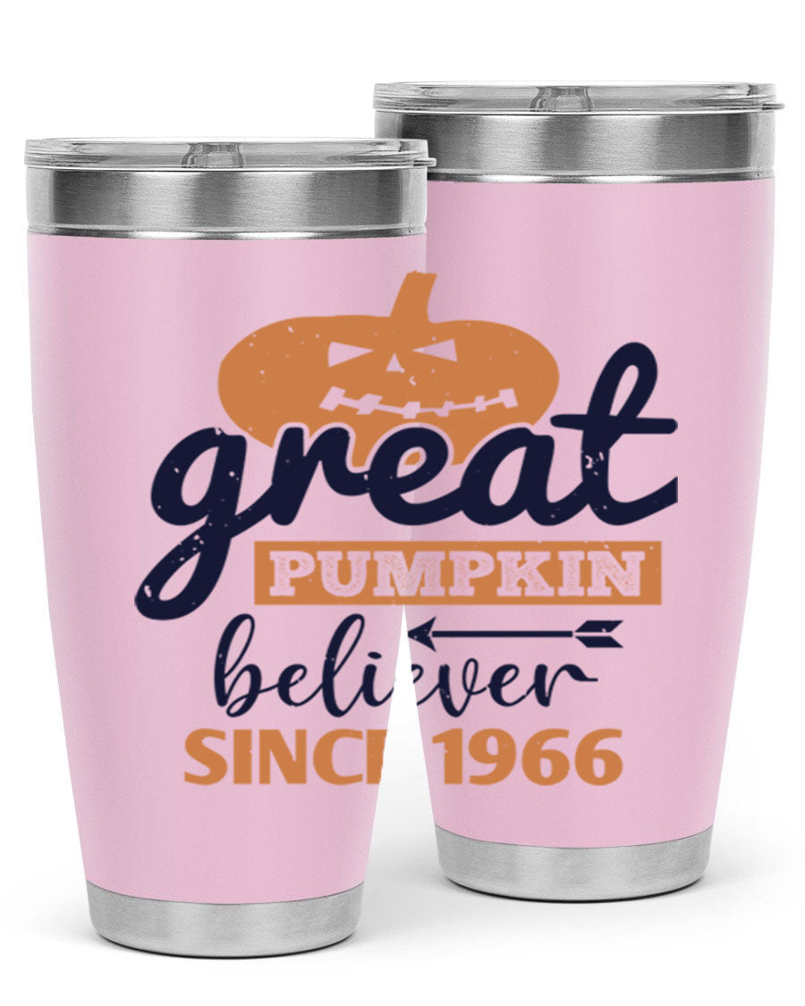 Great Pumpkin Believer Tumbler featuring a vibrant design, available in 20oz and 30oz sizes, made from stainless steel.