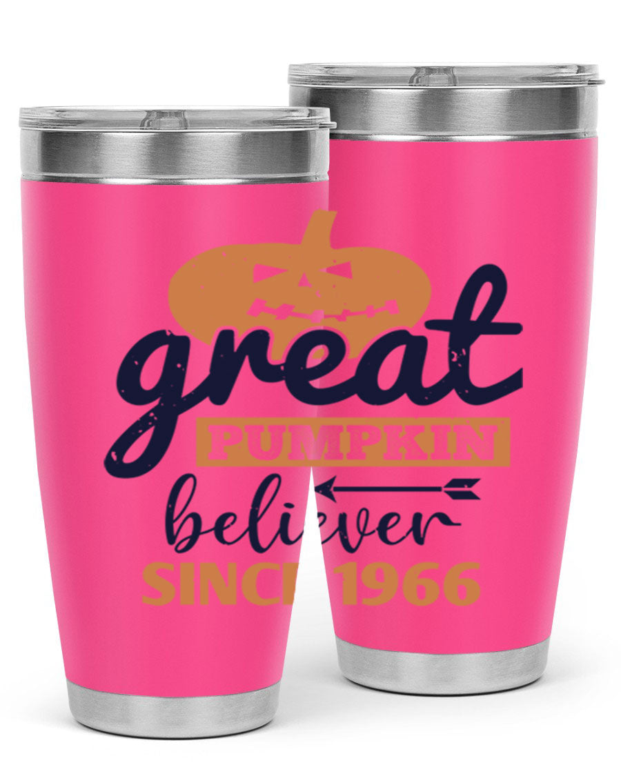 Great Pumpkin Believer Tumbler featuring a vibrant design, available in 20oz and 30oz sizes, made from stainless steel.