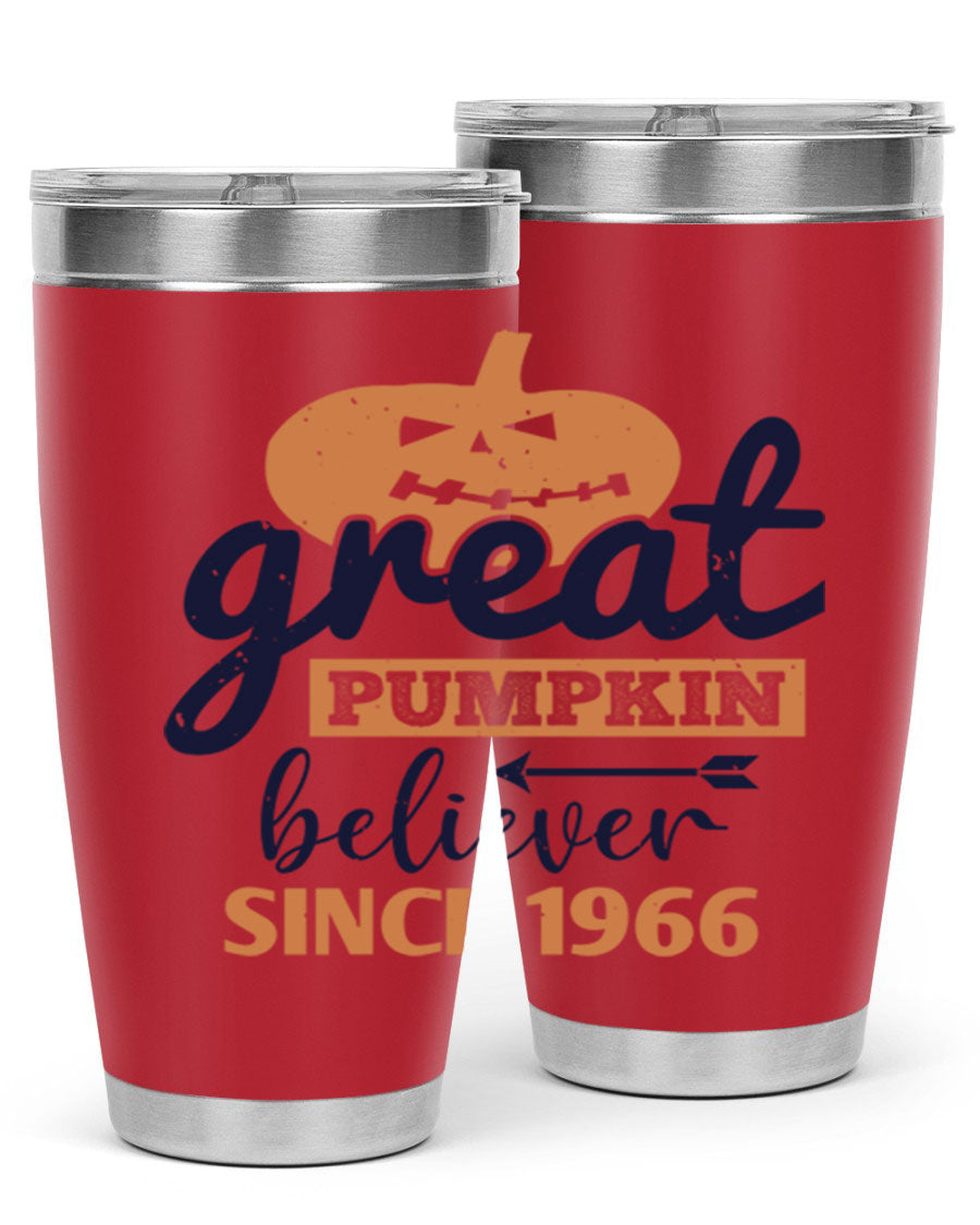 Great Pumpkin Believer Tumbler featuring a vibrant design, available in 20oz and 30oz sizes, made from stainless steel.