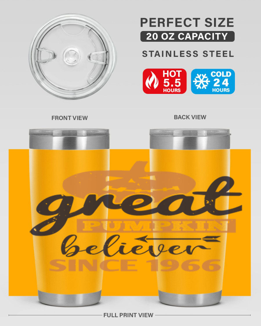 Great Pumpkin Believer Tumbler featuring a vibrant design, available in 20oz and 30oz sizes, made from stainless steel.