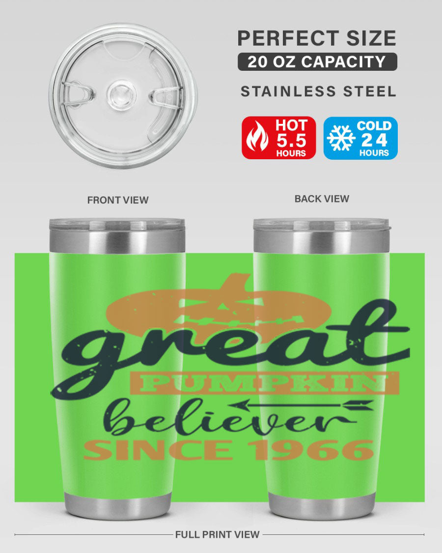 Great Pumpkin Believer Tumbler featuring a vibrant design, available in 20oz and 30oz sizes, made from stainless steel.