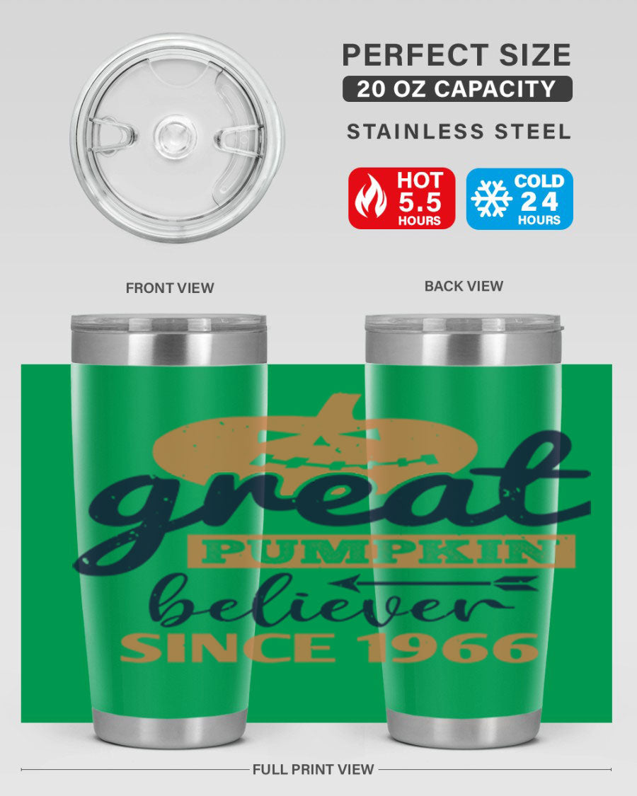 Great Pumpkin Believer Tumbler featuring a vibrant design, available in 20oz and 30oz sizes, made from stainless steel.