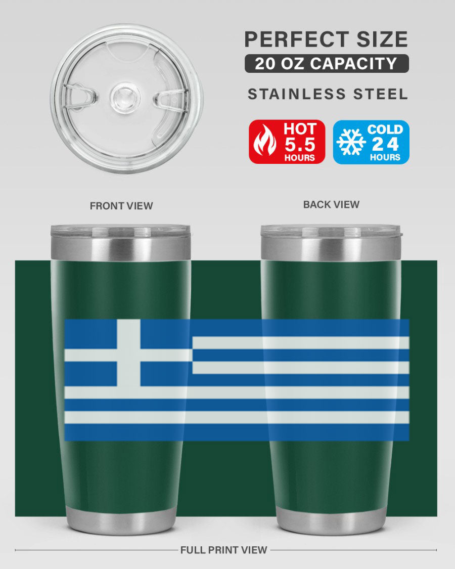 Greece 131# Tumbler showcasing the Greek flag design, made of double wall vacuum stainless steel with a drink-thru lid.
