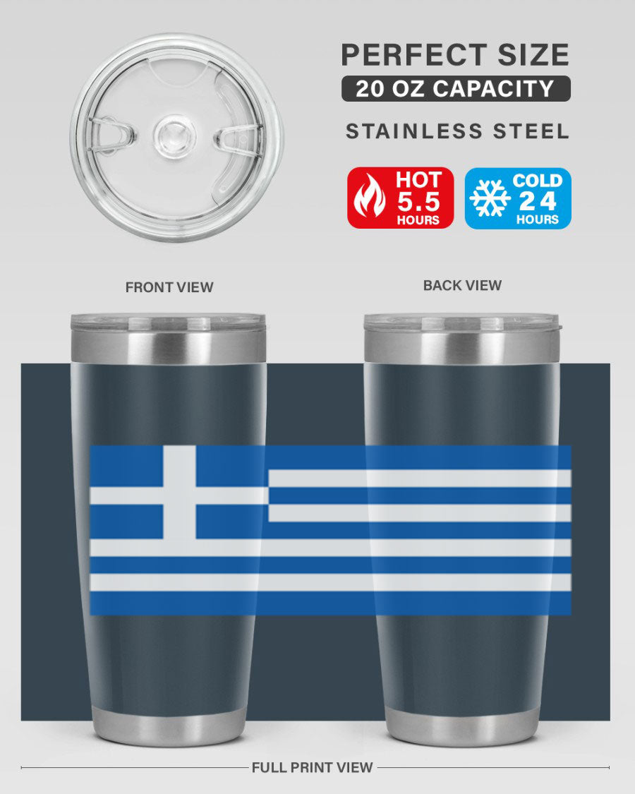 Greece 131# Tumbler showcasing the Greek flag design, made of double wall vacuum stainless steel with a drink-thru lid.
