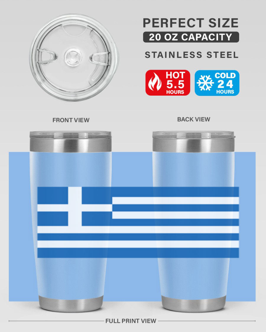 Greece 131# Tumbler showcasing the Greek flag design, made of double wall vacuum stainless steel with a drink-thru lid.