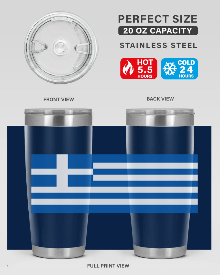 Greece 131# Tumbler showcasing the Greek flag design, made of double wall vacuum stainless steel with a drink-thru lid.