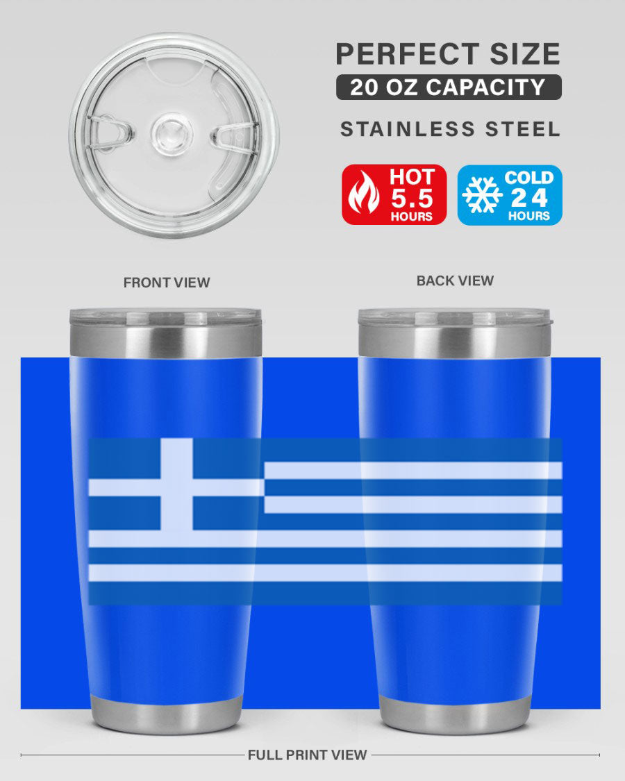 Greece 131# Tumbler showcasing the Greek flag design, made of double wall vacuum stainless steel with a drink-thru lid.