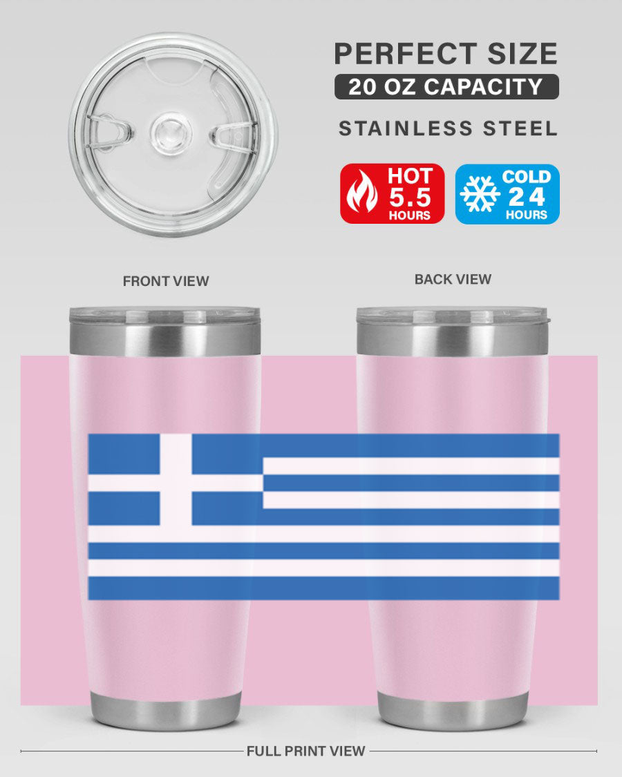 Greece 131# Tumbler showcasing the Greek flag design, made of double wall vacuum stainless steel with a drink-thru lid.