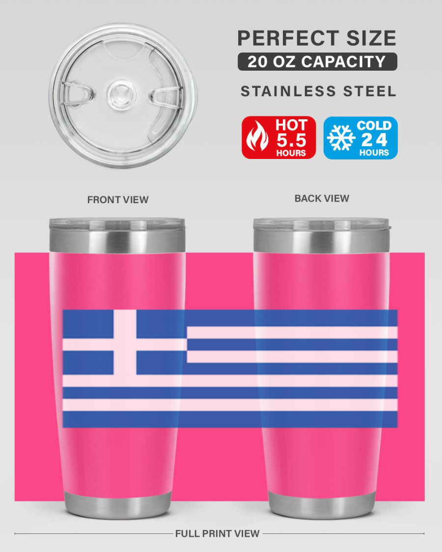 Greece 131# Tumbler showcasing the Greek flag design, made of double wall vacuum stainless steel with a drink-thru lid.