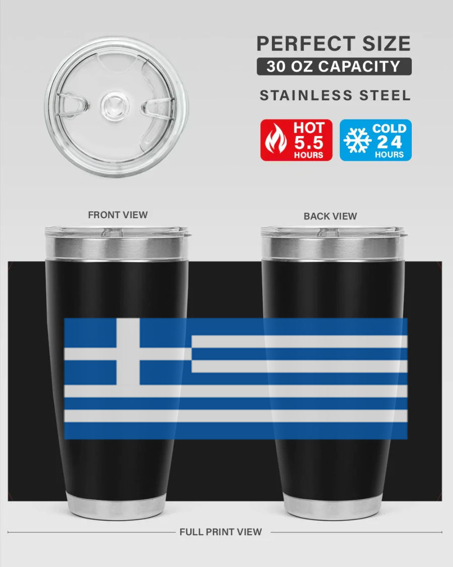 Greece 131# Tumbler showcasing the Greek flag design, made of double wall vacuum stainless steel with a drink-thru lid.