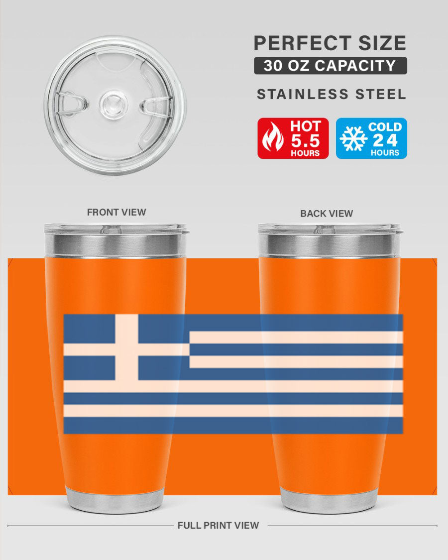 Greece 131# Tumbler showcasing the Greek flag design, made of double wall vacuum stainless steel with a drink-thru lid.