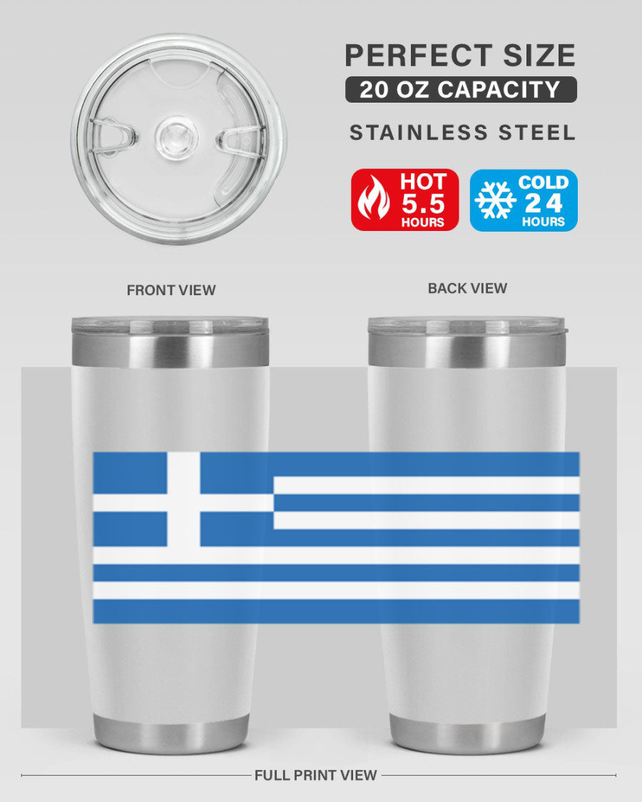 Greece 131# Tumbler showcasing the Greek flag design, made of double wall vacuum stainless steel with a drink-thru lid.