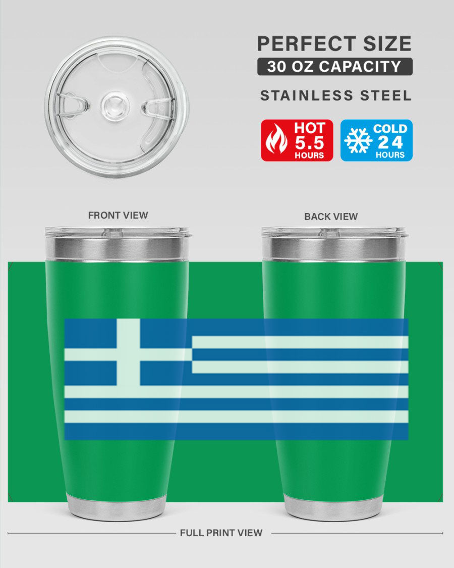 Greece 131# Tumbler showcasing the Greek flag design, made of double wall vacuum stainless steel with a drink-thru lid.