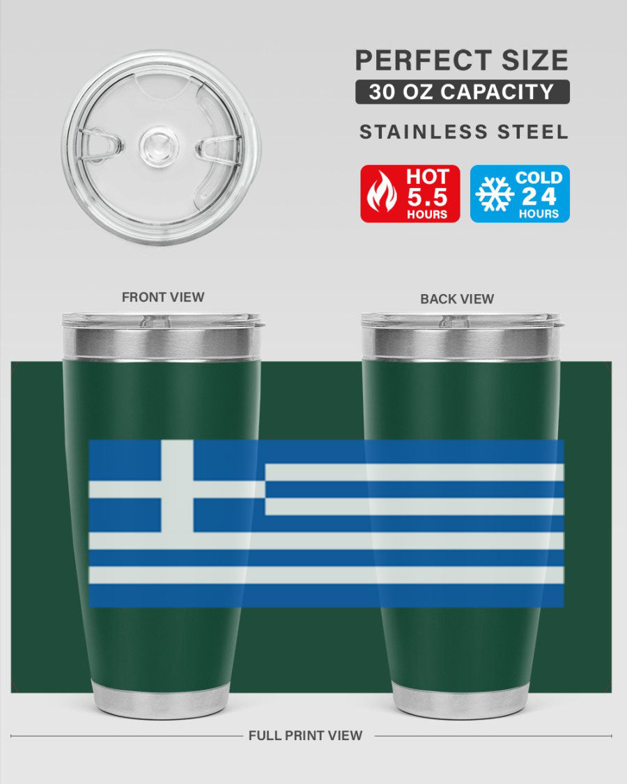 Greece 131# Tumbler showcasing the Greek flag design, made of double wall vacuum stainless steel with a drink-thru lid.