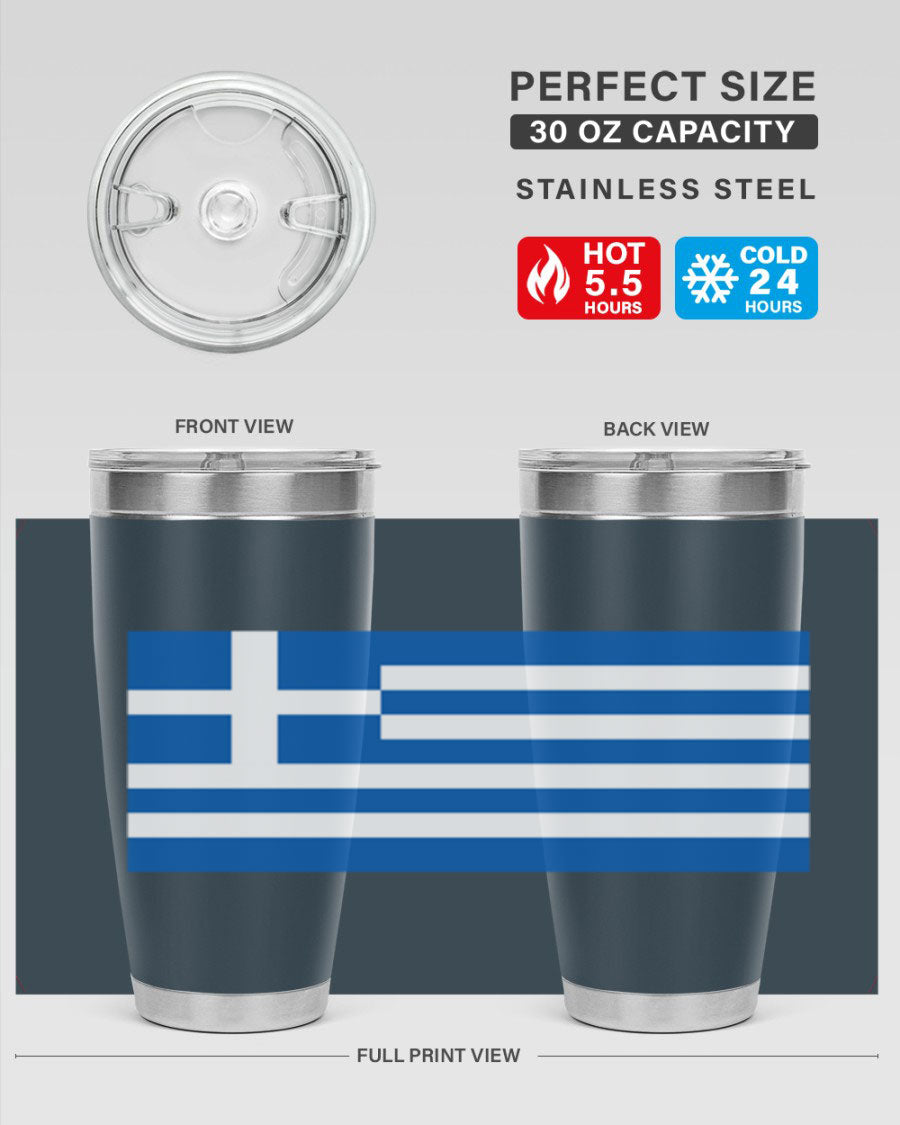 Greece 131# Tumbler showcasing the Greek flag design, made of double wall vacuum stainless steel with a drink-thru lid.
