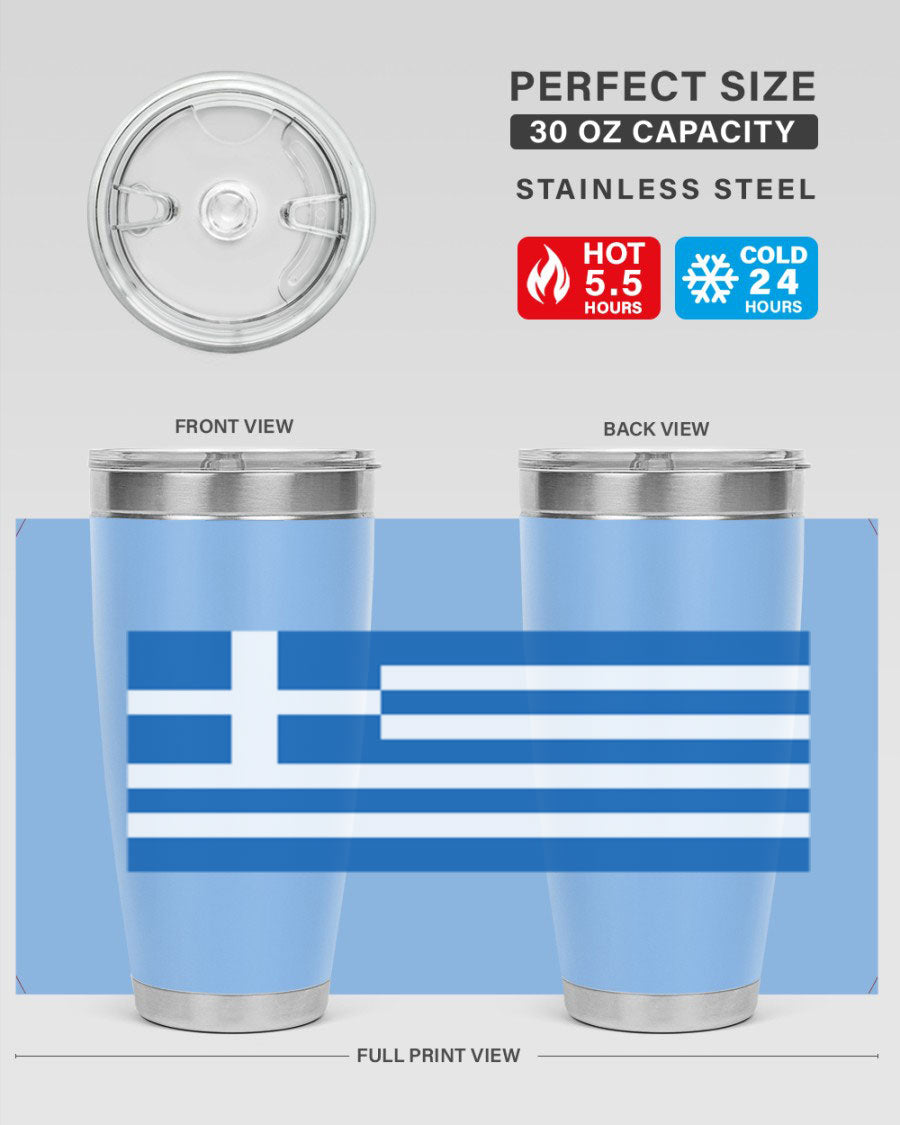 Greece 131# Tumbler showcasing the Greek flag design, made of double wall vacuum stainless steel with a drink-thru lid.
