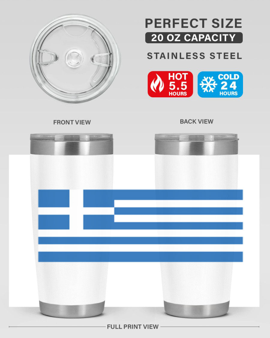 Greece 131# Tumbler showcasing the Greek flag design, made of double wall vacuum stainless steel with a drink-thru lid.