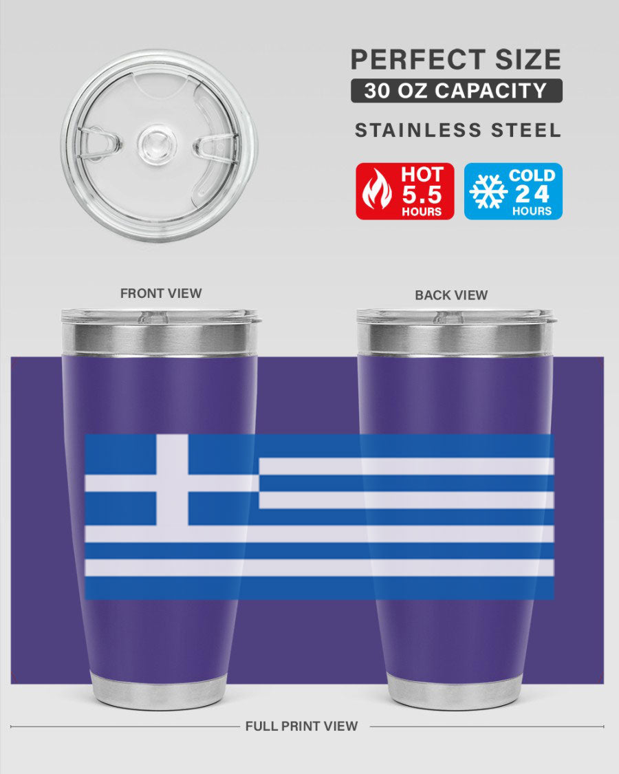 Greece 131# Tumbler showcasing the Greek flag design, made of double wall vacuum stainless steel with a drink-thru lid.