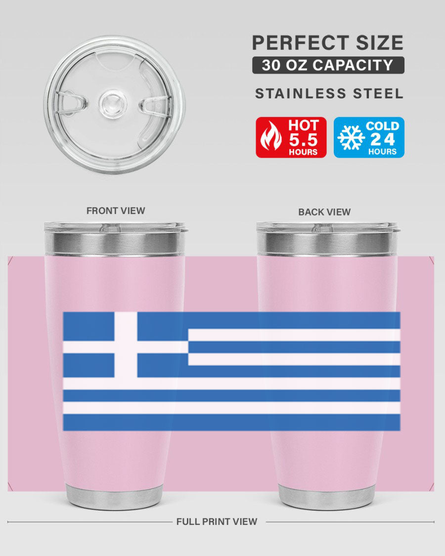 Greece 131# Tumbler showcasing the Greek flag design, made of double wall vacuum stainless steel with a drink-thru lid.