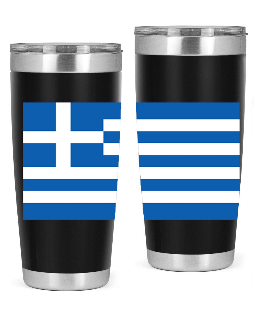 Greece 131# Tumbler showcasing the Greek flag design, made of double wall vacuum stainless steel with a drink-thru lid.