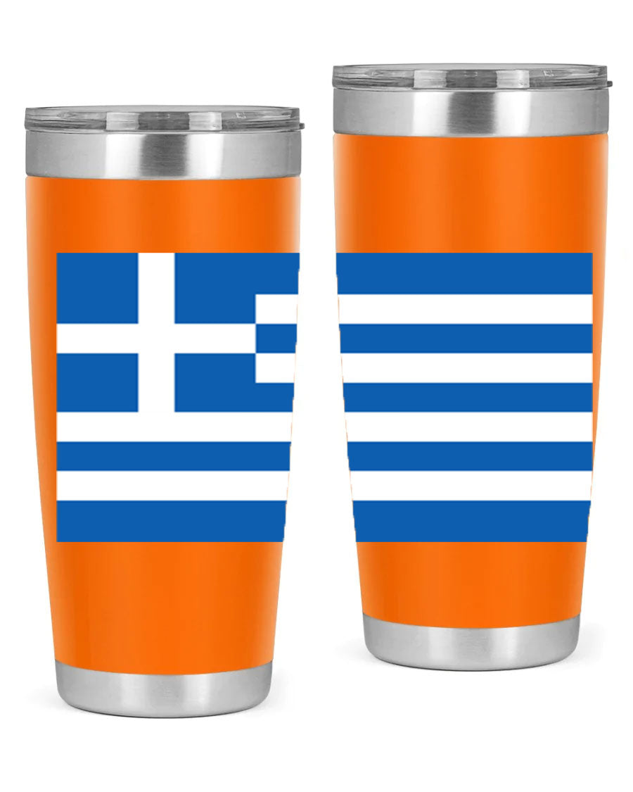 Greece 131# Tumbler showcasing the Greek flag design, made of double wall vacuum stainless steel with a drink-thru lid.