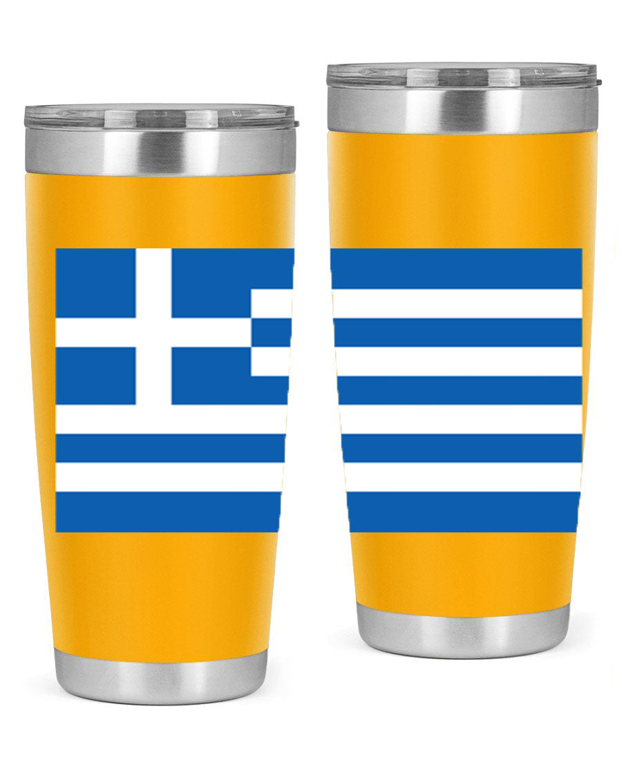 Greece 131# Tumbler showcasing the Greek flag design, made of double wall vacuum stainless steel with a drink-thru lid.