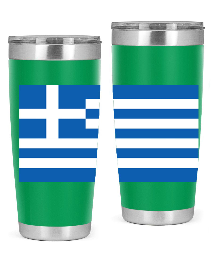 Greece 131# Tumbler showcasing the Greek flag design, made of double wall vacuum stainless steel with a drink-thru lid.