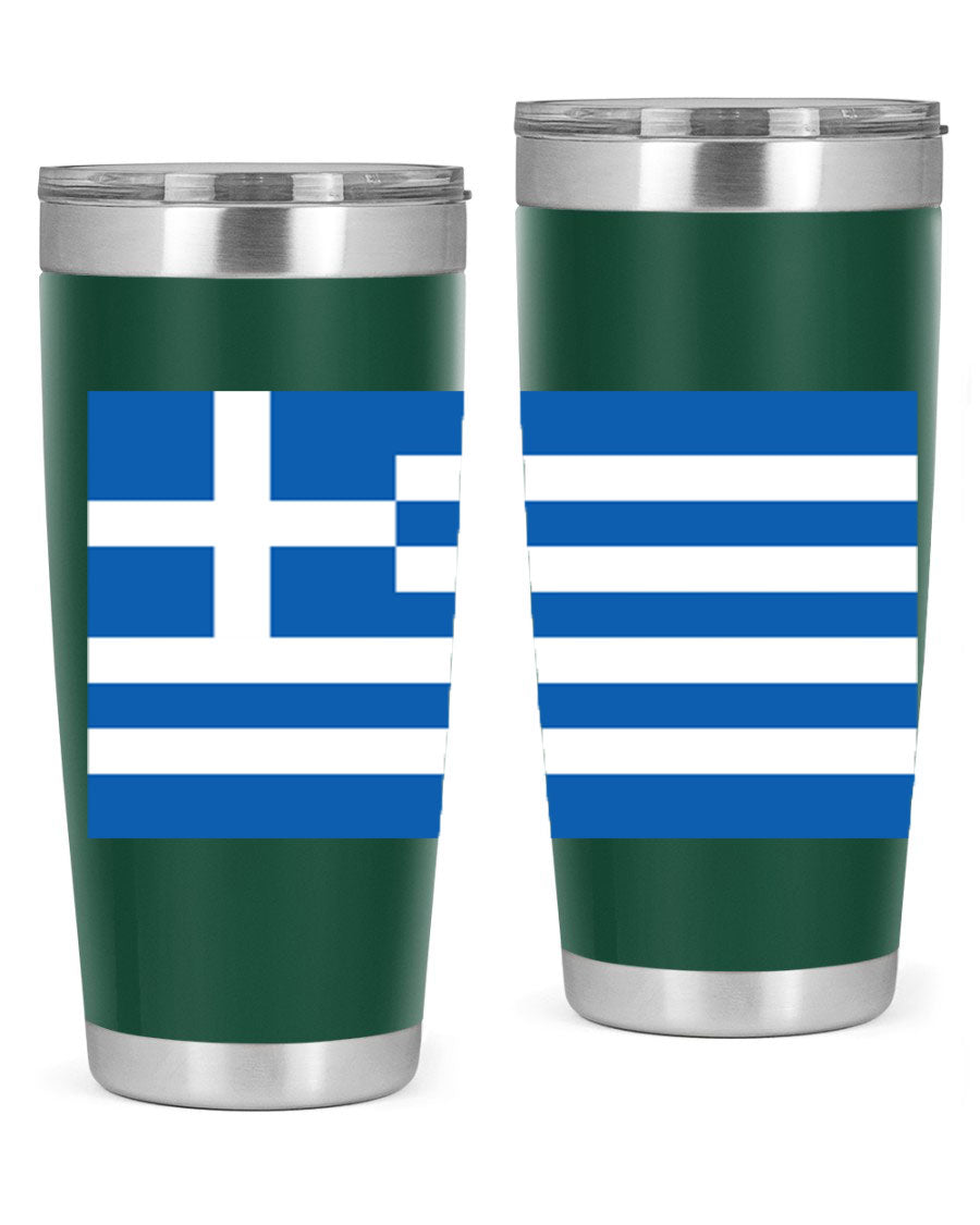 Greece 131# Tumbler showcasing the Greek flag design, made of double wall vacuum stainless steel with a drink-thru lid.