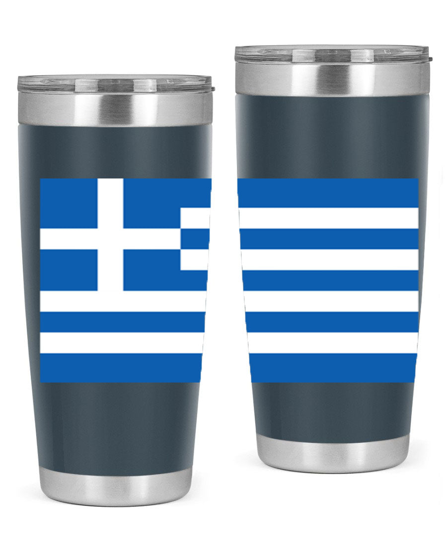 Greece 131# Tumbler showcasing the Greek flag design, made of double wall vacuum stainless steel with a drink-thru lid.