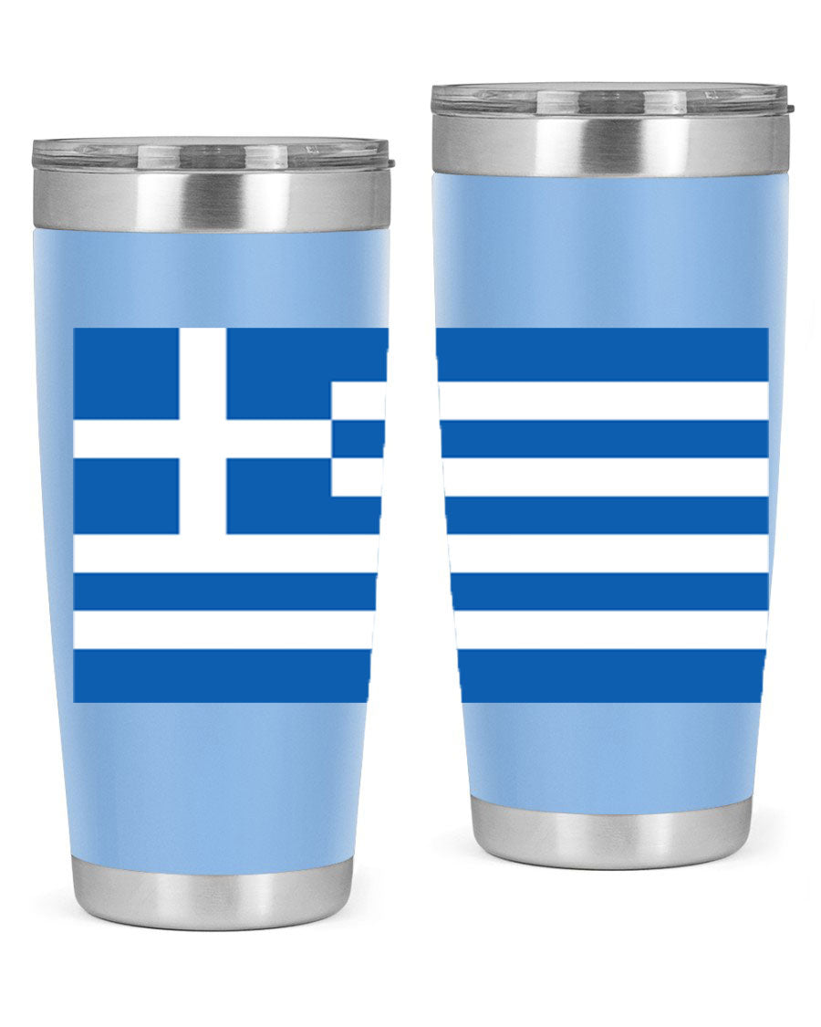 Greece 131# Tumbler showcasing the Greek flag design, made of double wall vacuum stainless steel with a drink-thru lid.