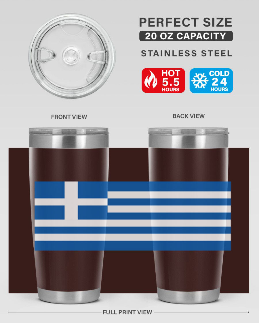 Greece 131# Tumbler showcasing the Greek flag design, made of double wall vacuum stainless steel with a drink-thru lid.