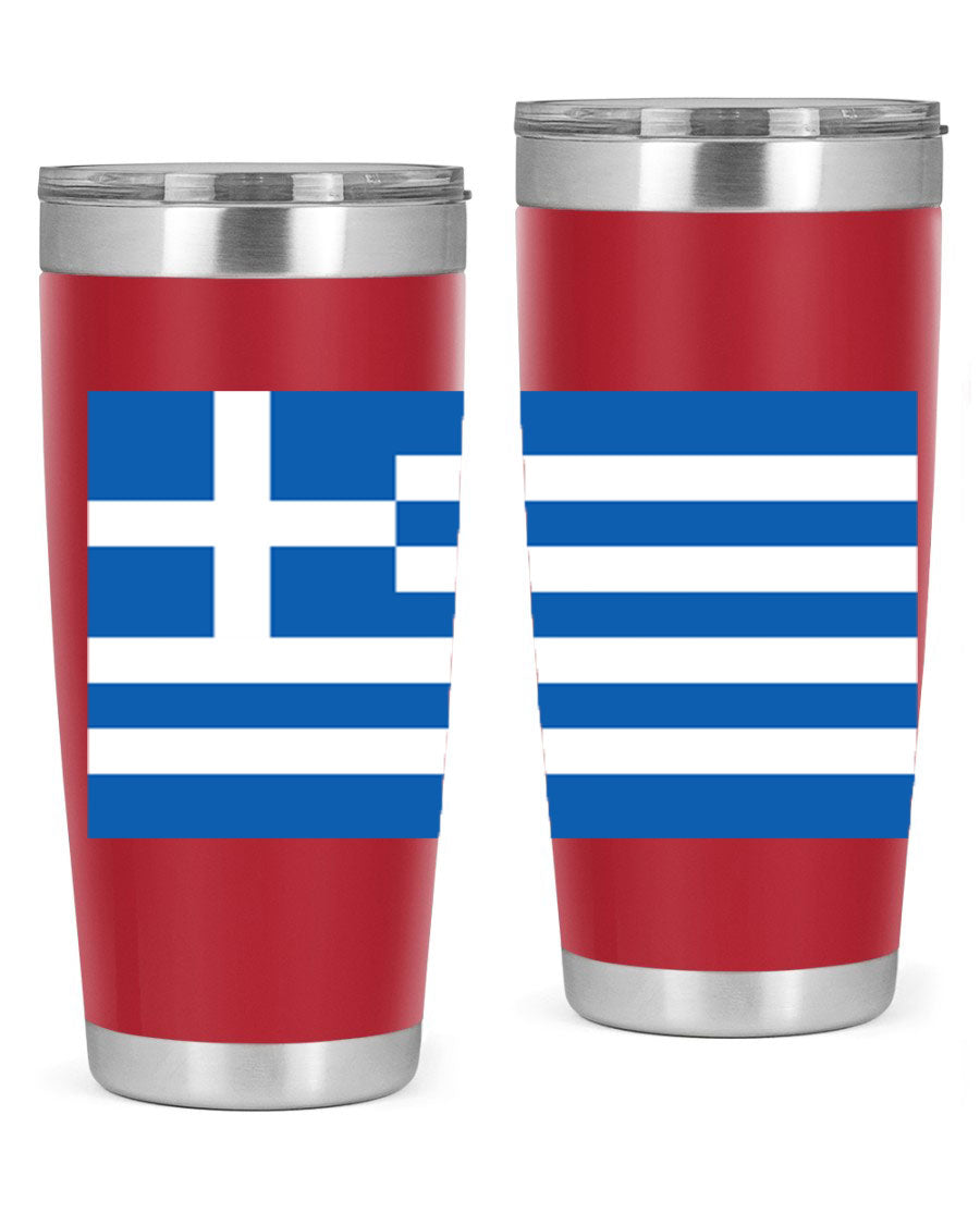 Greece 131# Tumbler showcasing the Greek flag design, made of double wall vacuum stainless steel with a drink-thru lid.