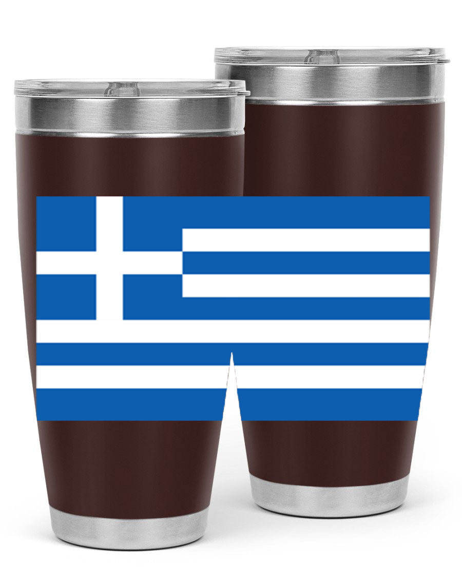 Greece 131# Tumbler showcasing the Greek flag design, made of double wall vacuum stainless steel with a drink-thru lid.