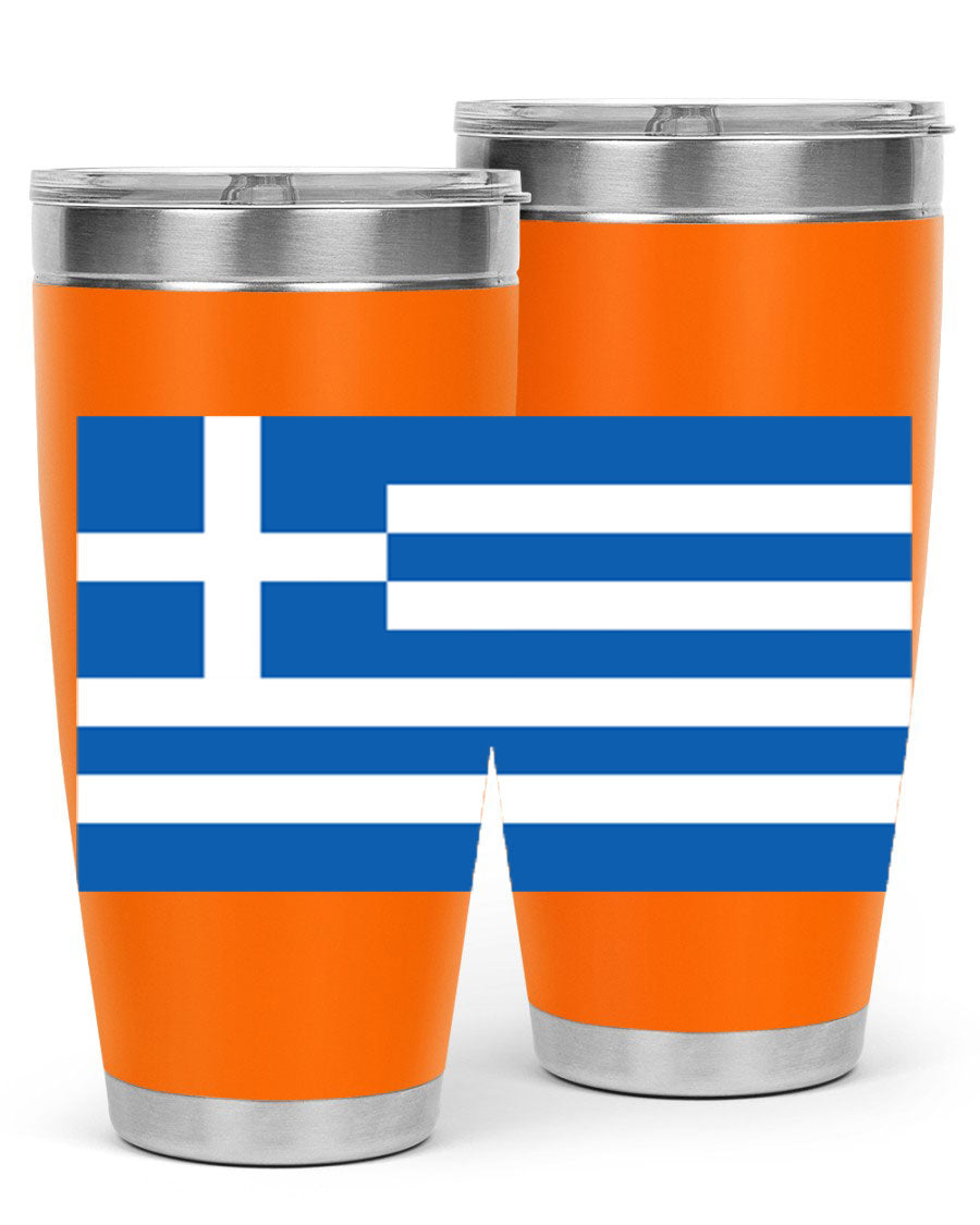 Greece 131# Tumbler showcasing the Greek flag design, made of double wall vacuum stainless steel with a drink-thru lid.