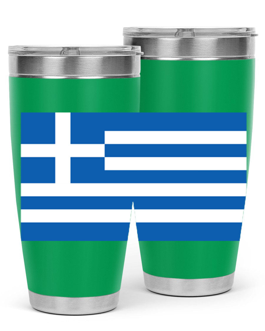 Greece 131# Tumbler showcasing the Greek flag design, made of double wall vacuum stainless steel with a drink-thru lid.