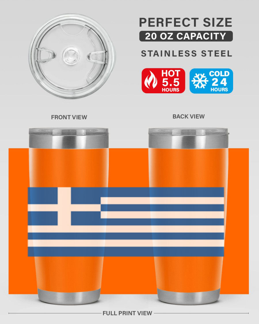 Greece 131# Tumbler showcasing the Greek flag design, made of double wall vacuum stainless steel with a drink-thru lid.