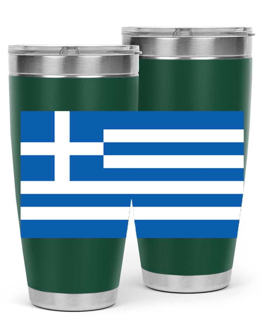 Greece 131# Tumbler showcasing the Greek flag design, made of double wall vacuum stainless steel with a drink-thru lid.