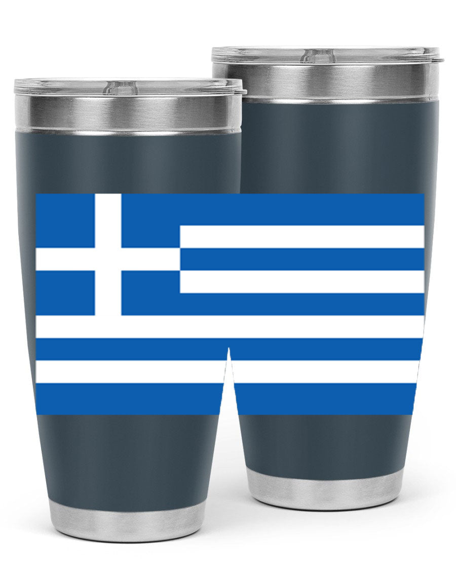Greece 131# Tumbler showcasing the Greek flag design, made of double wall vacuum stainless steel with a drink-thru lid.