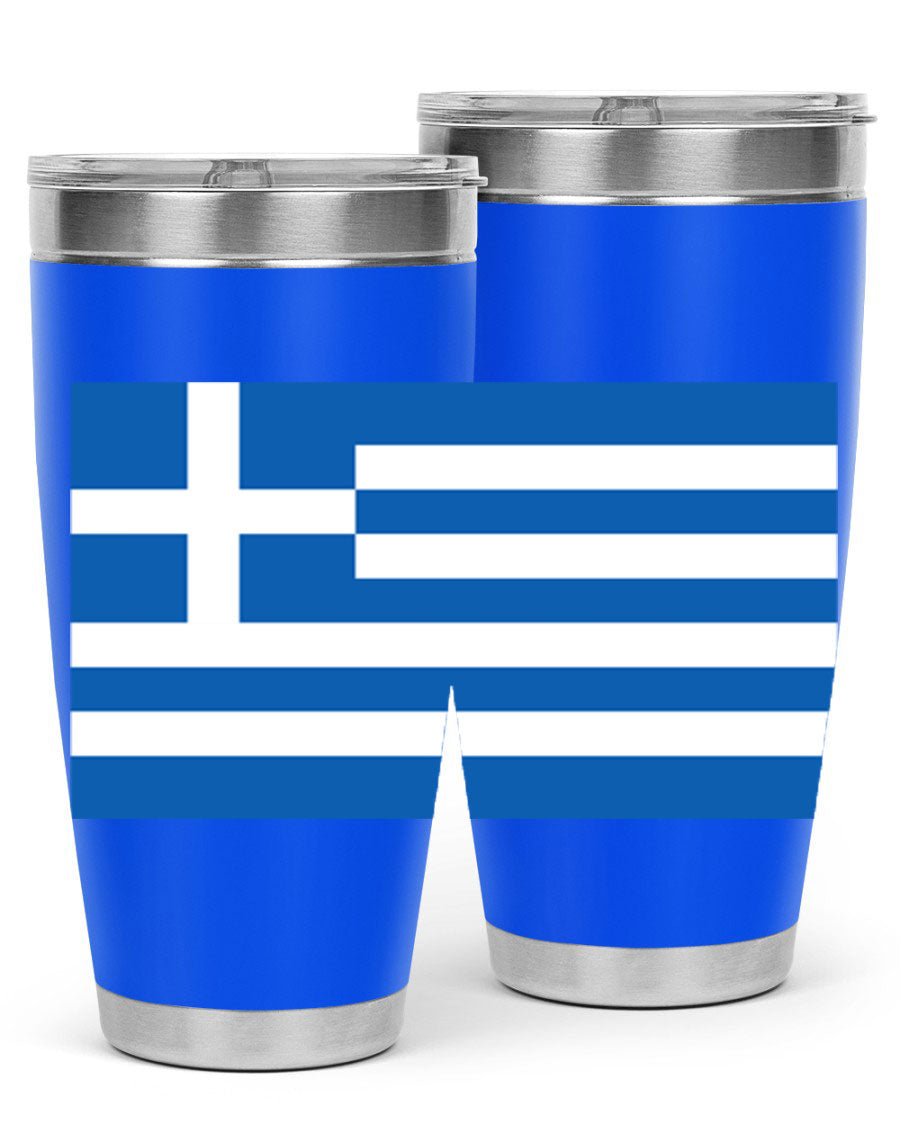 Greece 131# Tumbler showcasing the Greek flag design, made of double wall vacuum stainless steel with a drink-thru lid.