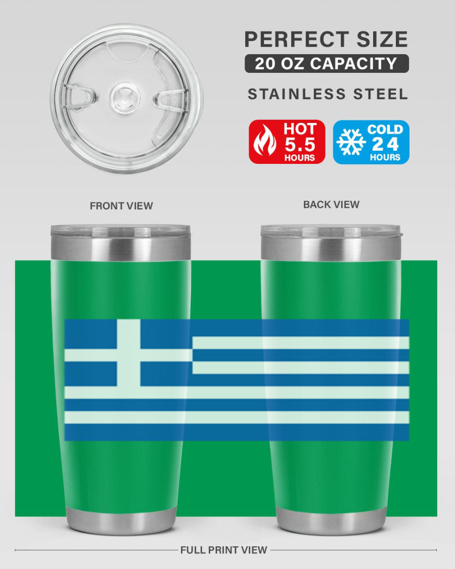 Greece 131# Tumbler showcasing the Greek flag design, made of double wall vacuum stainless steel with a drink-thru lid.