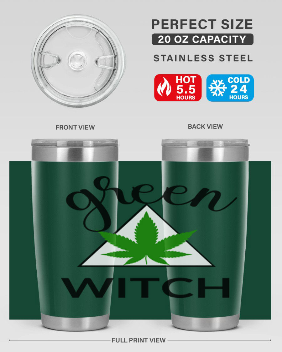 Green cannabis themed tumbler with double wall vacuum insulation and drink-thru lid, perfect for hot and cold beverages.
