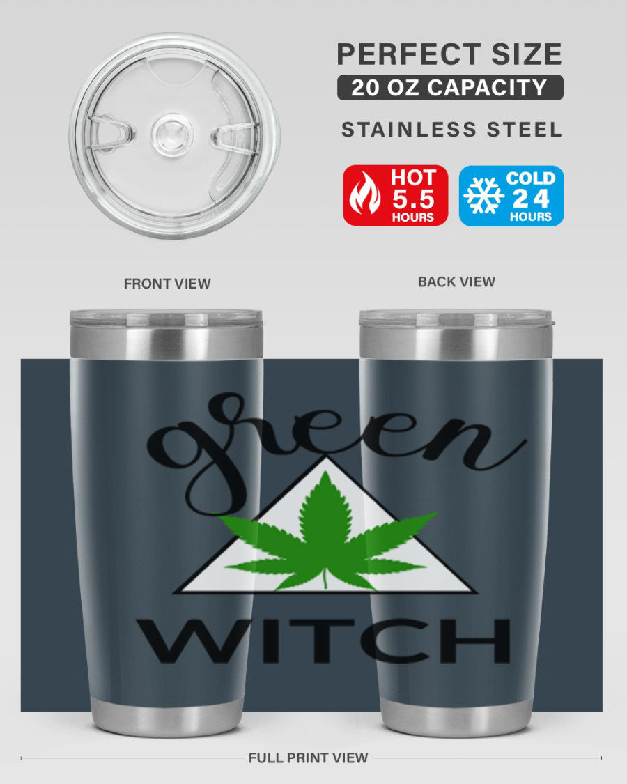 Green cannabis themed tumbler with double wall vacuum insulation and drink-thru lid, perfect for hot and cold beverages.