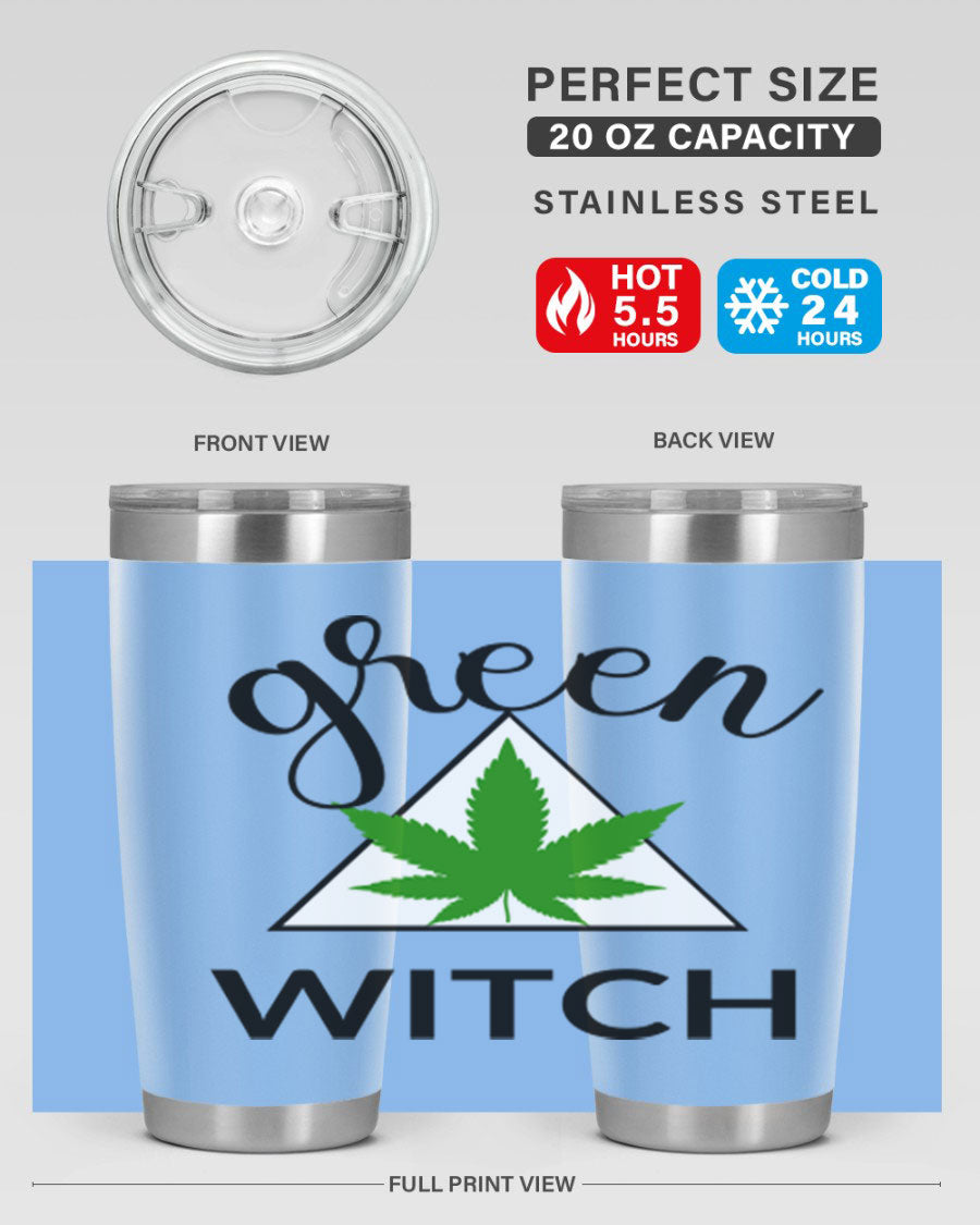 Green cannabis themed tumbler with double wall vacuum insulation and drink-thru lid, perfect for hot and cold beverages.