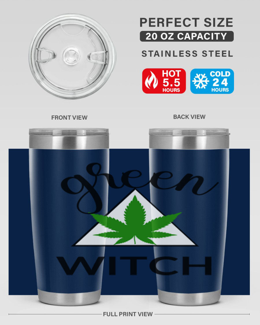 Green cannabis themed tumbler with double wall vacuum insulation and drink-thru lid, perfect for hot and cold beverages.