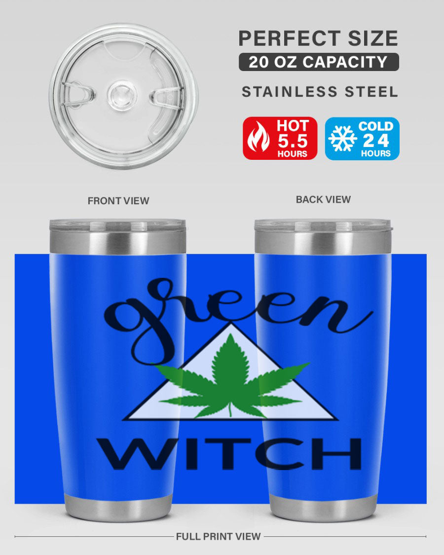 Green cannabis themed tumbler with double wall vacuum insulation and drink-thru lid, perfect for hot and cold beverages.