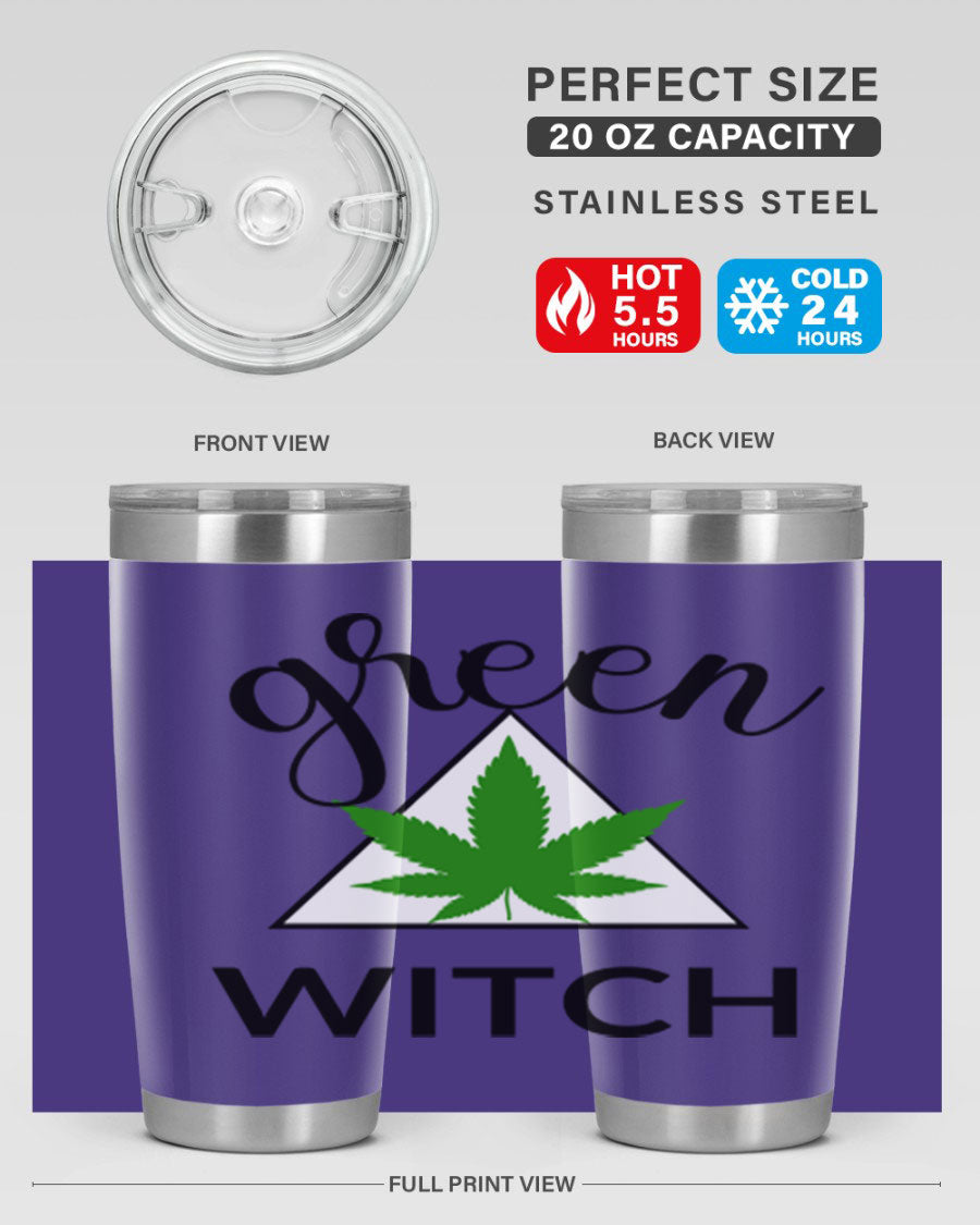 Green cannabis themed tumbler with double wall vacuum insulation and drink-thru lid, perfect for hot and cold beverages.
