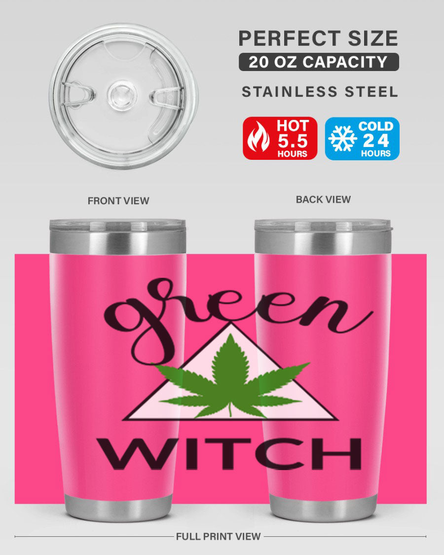 Green cannabis themed tumbler with double wall vacuum insulation and drink-thru lid, perfect for hot and cold beverages.