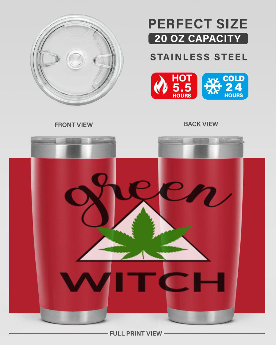 Green cannabis themed tumbler with double wall vacuum insulation and drink-thru lid, perfect for hot and cold beverages.