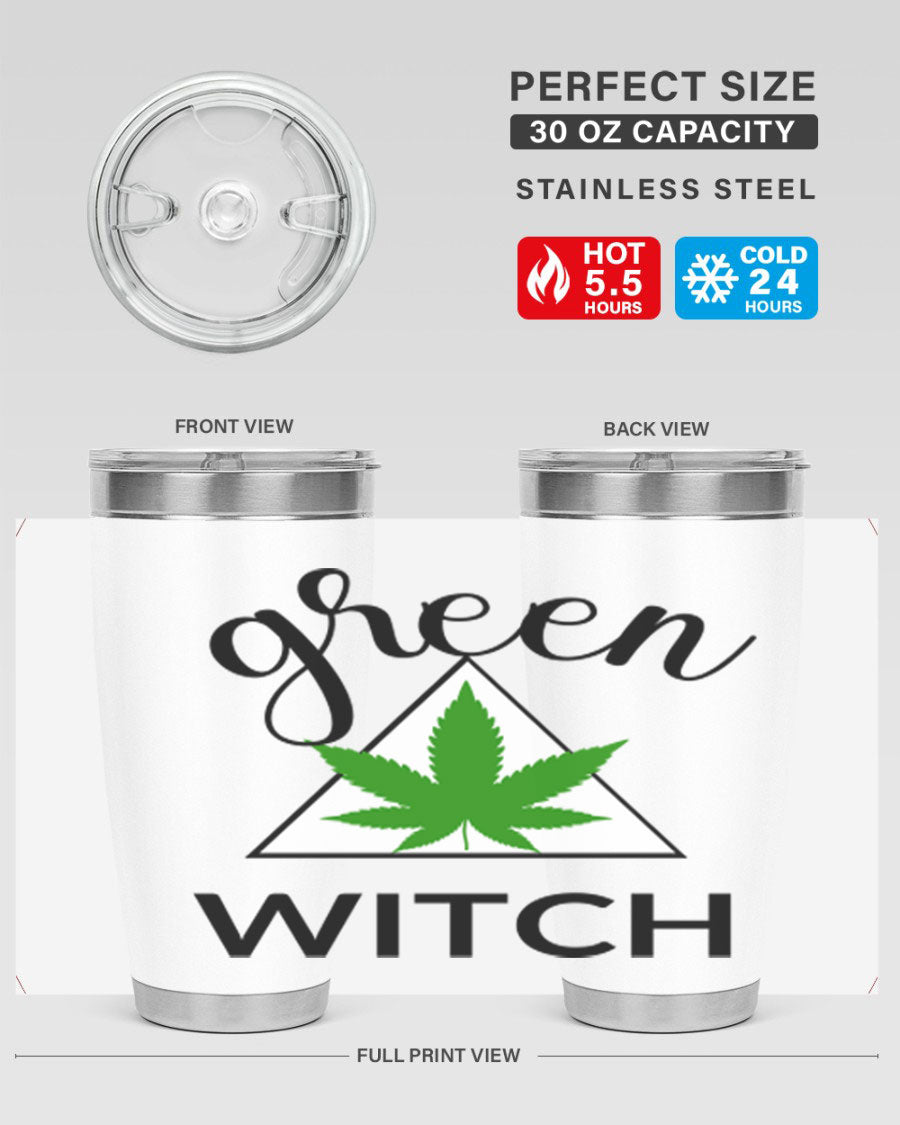 Green cannabis themed tumbler with double wall vacuum insulation and drink-thru lid, perfect for hot and cold beverages.